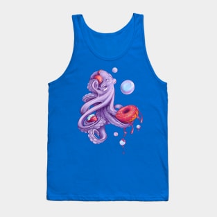 Octopus with donut and jam and red headphones with music. Bright artwork Tank Top